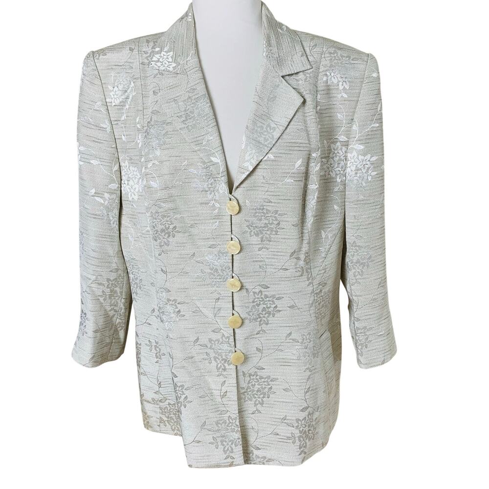 Vintage Sag Harbor Suit Size 18 Blazer Jacket Floral Brocade Gray Button Front